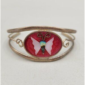 Alpaca Mexican Silver Butterfly Inlay Cuff Bracelet Abalone Mother of Pearl